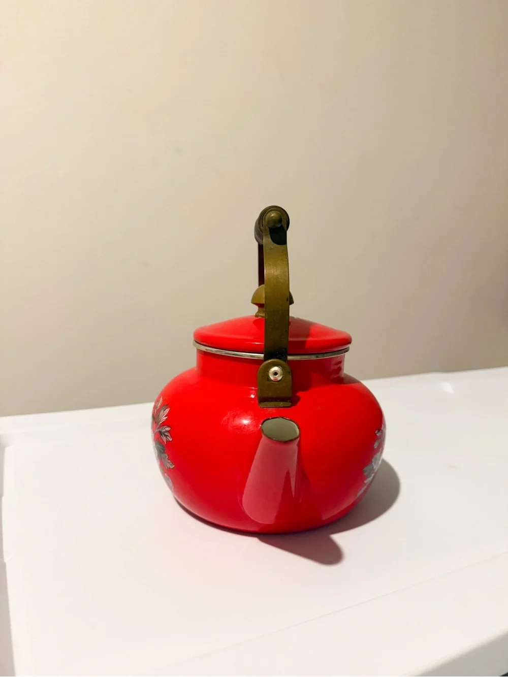 Vintage Japanese Enamel Tea Kettle Floral Print Red with Brass Handle